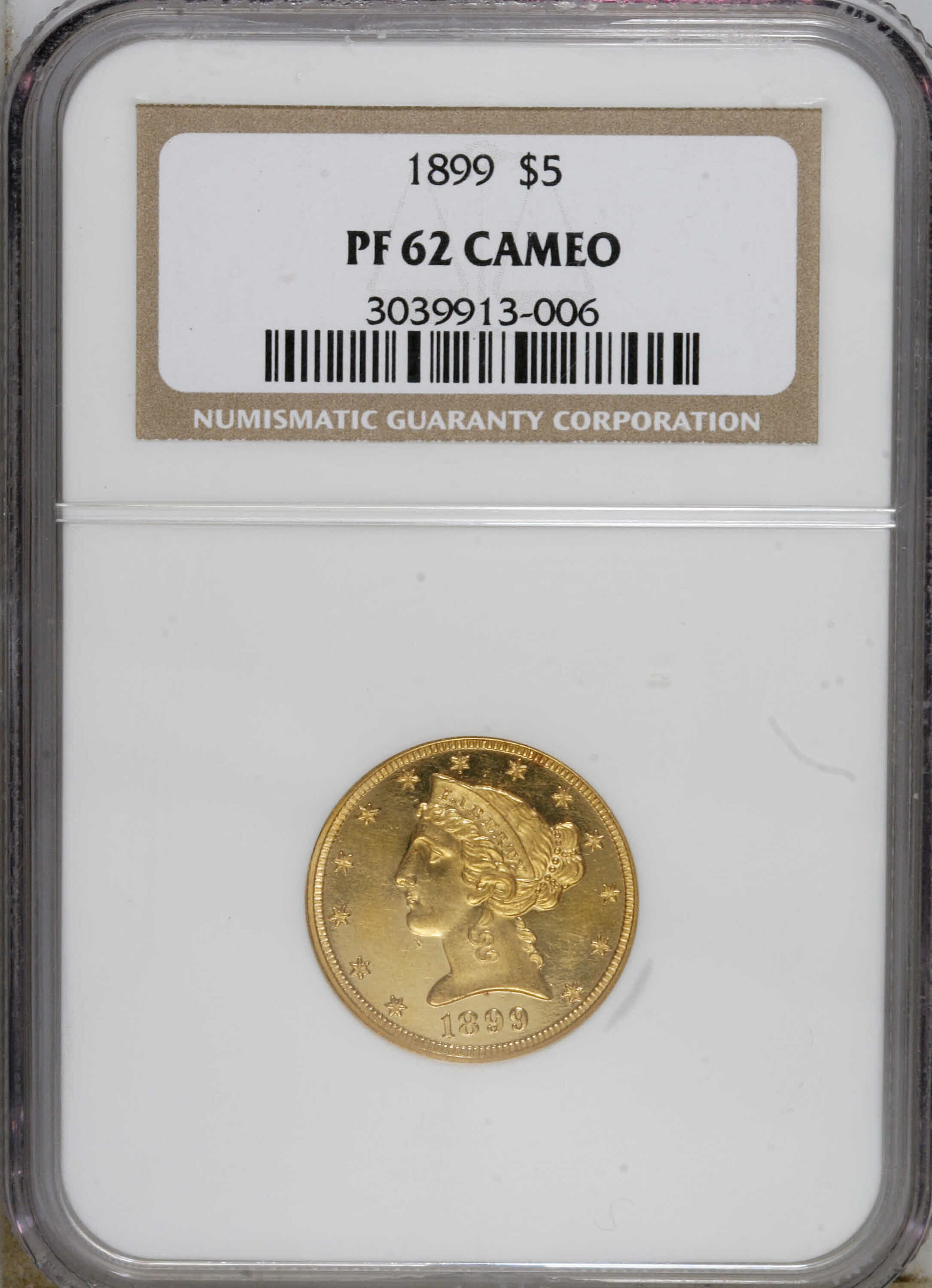 image for: 1899 $5 PR62 Cameo NGC. The design elements are crisply brought up on both sides. Imposing cameo contrast results from the ...