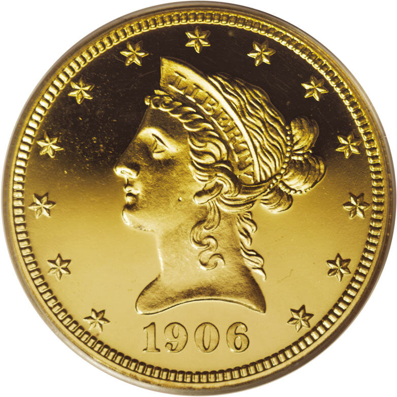 image for: 1906 $10 PR64 Cameo PCGS. A tiny die lump (as made) on the central right portion of the 9 in the date is diagnostic for thi...