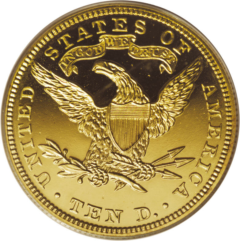 image for: 1906 $10 PR64 Cameo PCGS. A tiny die lump (as made) on the central right portion of the 9 in the date is diagnostic for thi...