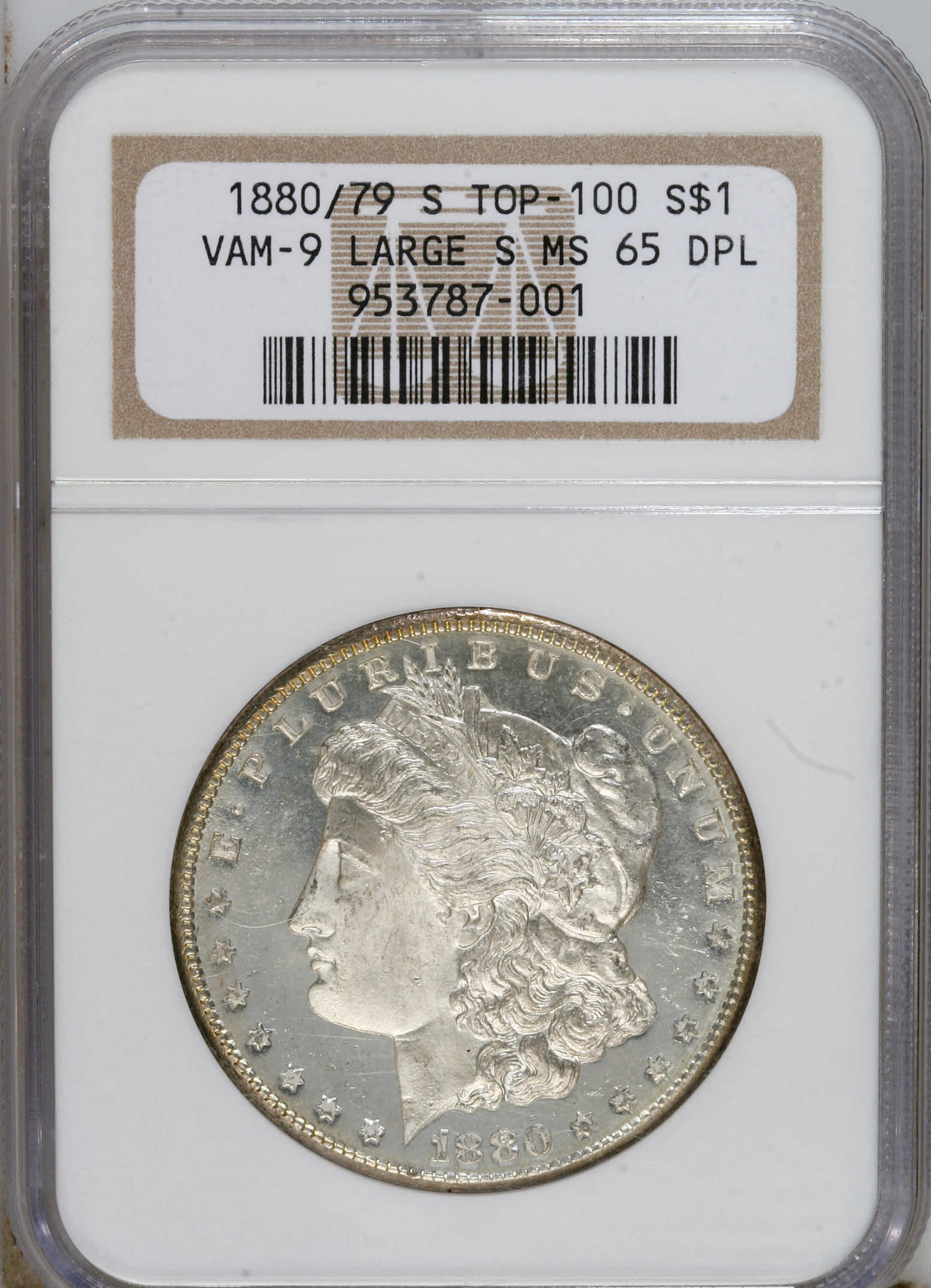 image for: 1880-S $1 8 Over 7 MS65 Deep Mirror Prooflike NGC. VAM-9. A Top 100 Variety. Large S. The hig...