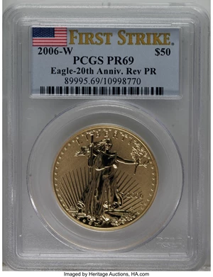 image for: 2006-W $50 One-Ounce Gold Reverse Proof PR69 PCGS. Flashy devices and fine-grain fields are the hallmarks of this 20th Anni...
