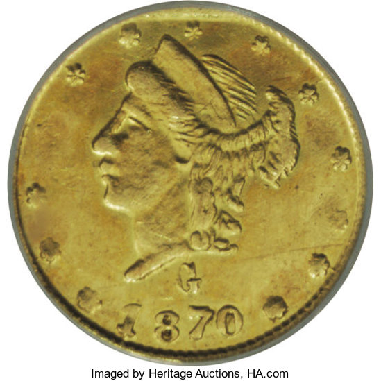 image for: 1870 25C Liberty Round 25 Cents, BG-836, High R.7, MS61 NGC. An extremely rare variety. The second edition of Breen-Gillio ...