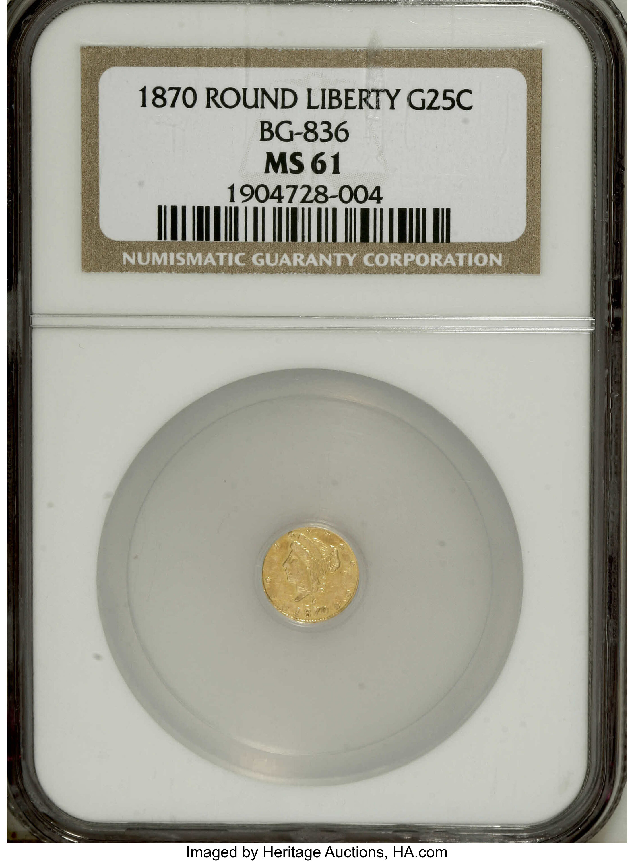 image for: 1870 25C Liberty Round 25 Cents, BG-836, High R.7, MS61 NGC. An extremely rare variety. The second edition of Breen-Gillio ...