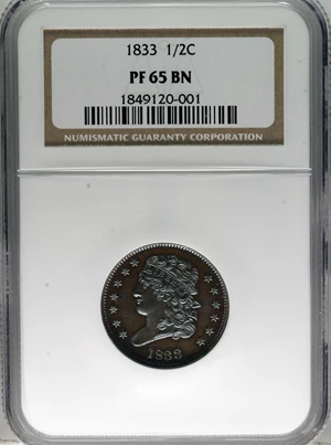 image for: 1833 1/2 C PR65 Brown NGC. C-1, B-1, R.5 as a proof. The 1833 is one of the more available dates in proof format in the hal...