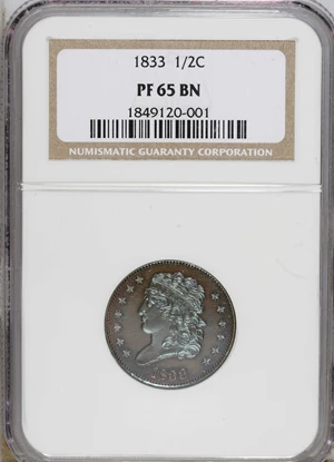 image for: 1833 1/2 C PR65 Brown NGC. C-1, B-1, R.5 as a proof. The 1833 is one of the more available dates in proof format in the hal...