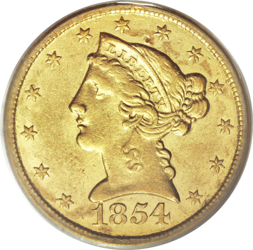 image for: 1854-C $5 Weak C AU55 PCGS. Variety 22-I. The faint mintmark is not an indication of a poor strike, but instead is a sympto...