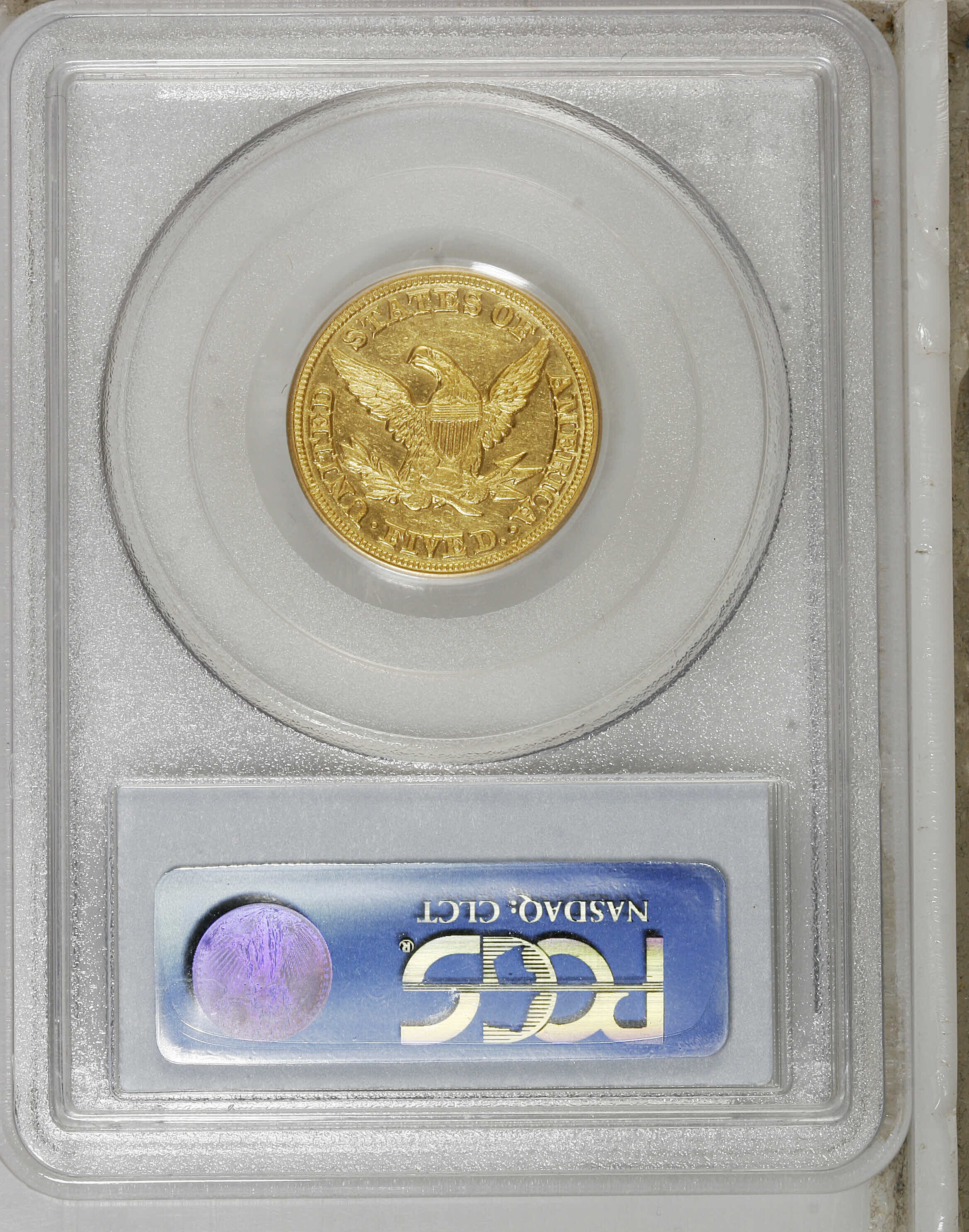 image for: 1854-C $5 Weak C AU55 PCGS. Variety 22-I. The faint mintmark is not an indication of a poor strike, but instead is a sympto...