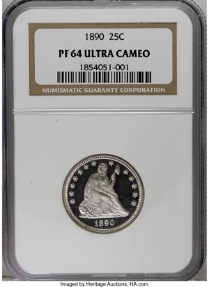 image for: 1890 25C PR64 Ultra Cameo NGC. The 1890 was a low mintage date, likely due to the continued high production of silver dolla...