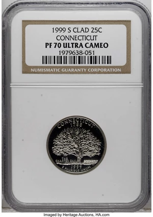 image for: 1999-S 25C Connecticut Clad PR70 Deep Cameo NGC. NGC Census: (0/0). PCGS Population (53/0). Numismedia Wsl. Price for NGC/...