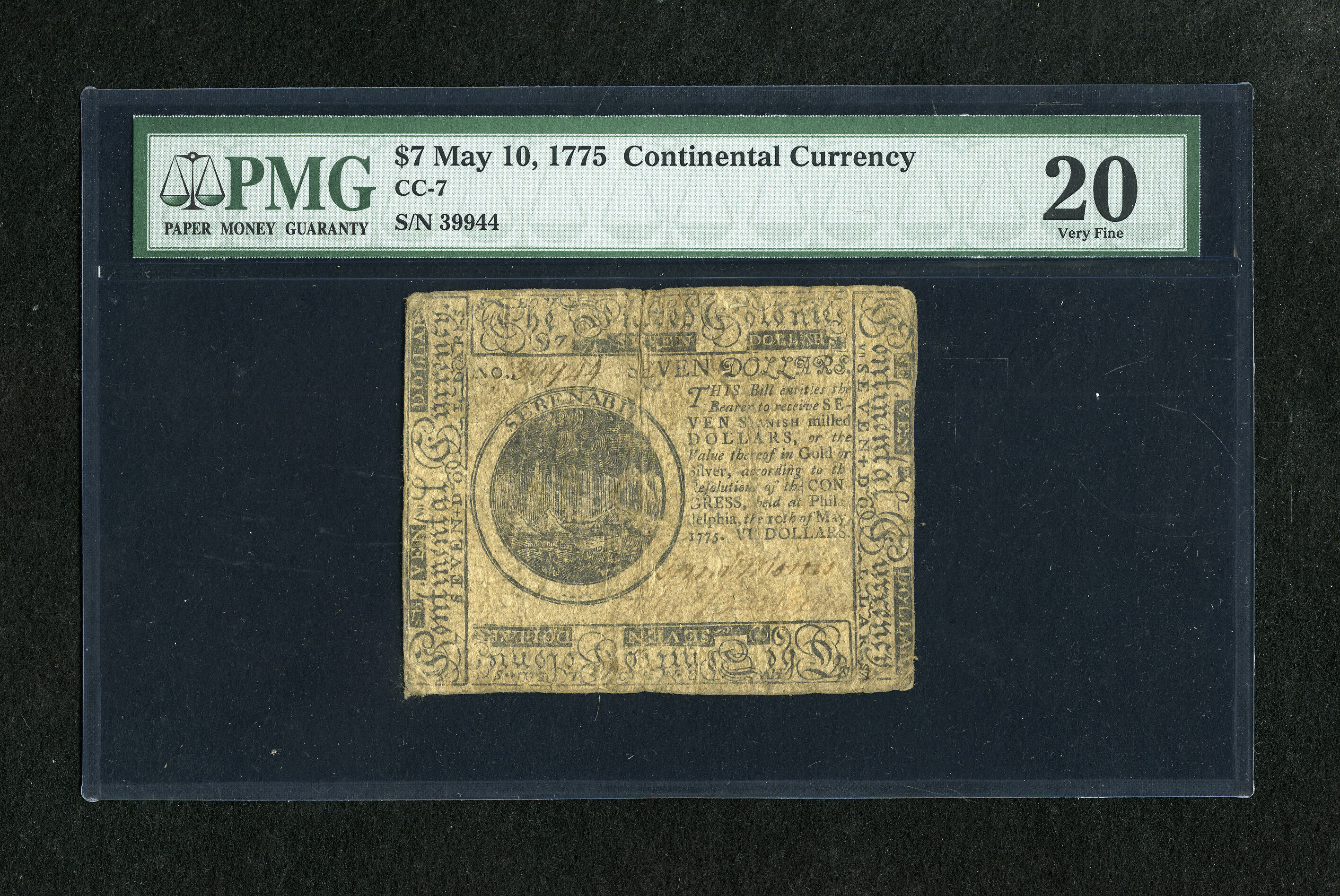 image for: Continental Currency May 10, 1775 $7 PMG Very Fine 20. This is a nice moderately circulated note from this more challenging ...