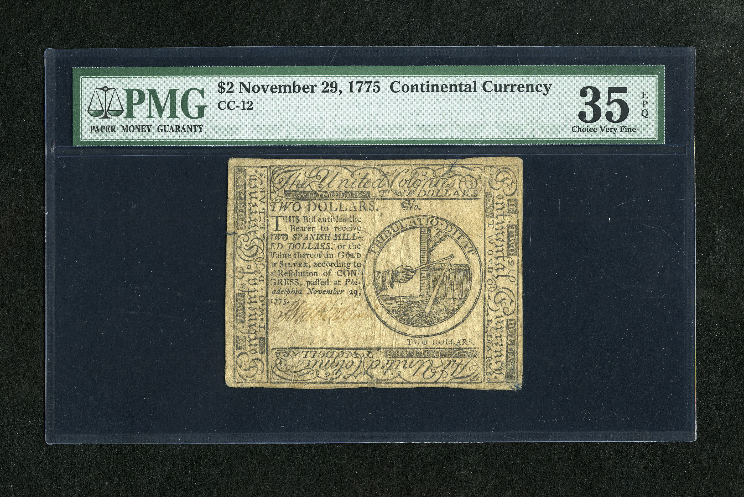image for: Continental Currency November 29, 1775 $2 PMG Choice Very Fine 35 EPQ. PMG has noticed a "margin tear."...