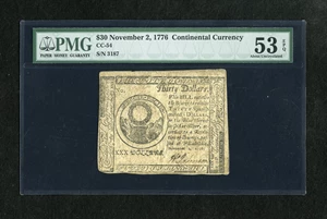 image for: Continental Currency November 2, 1776 $30 PMG About Uncirculated 53 EPQ. A center fold is found on this note. The serial num...