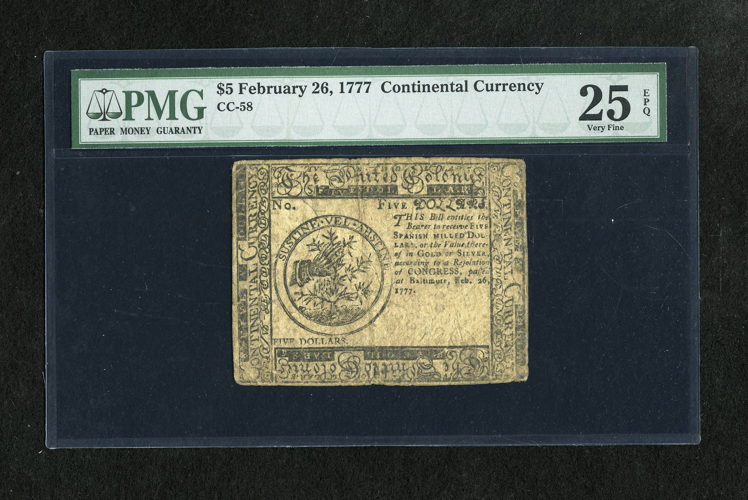 image for: Continental Currency February 26, 1777 $5 PMG Very Fine 25 EPQ. This Baltimore issue has faded penmanship....