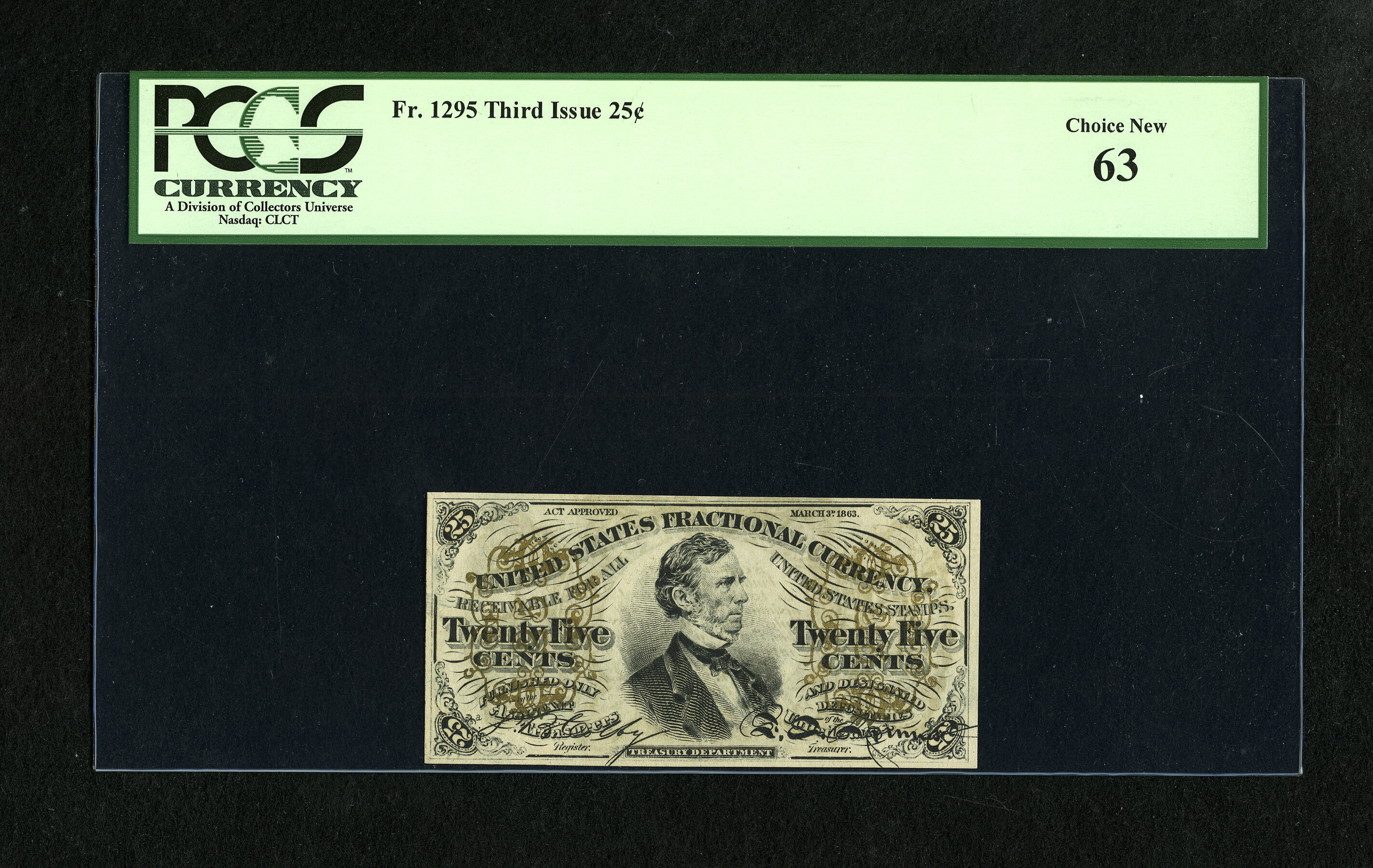 image for: Fr. 1295 25c Third Issue PCGS Choice New 63. This is a nice example of a Green Back Fessenden note....