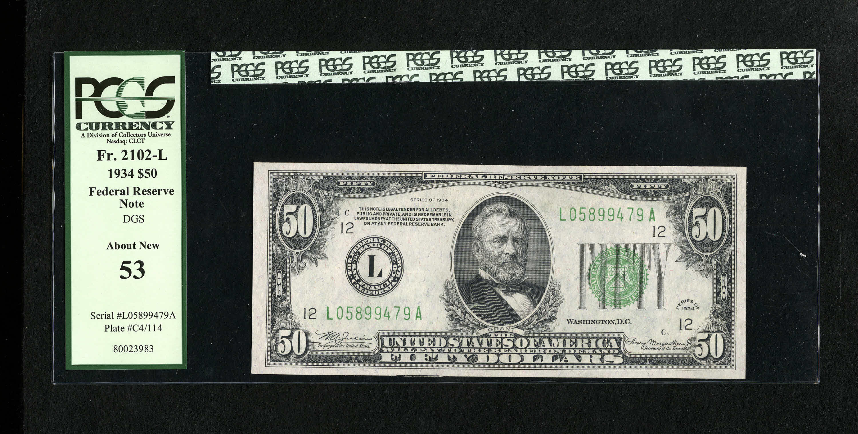image for: Fr. 2102-L $50 1934 Federal Reserve Note. PCGS About New 53.A hint of a center fold is detected on this San Fran $50....