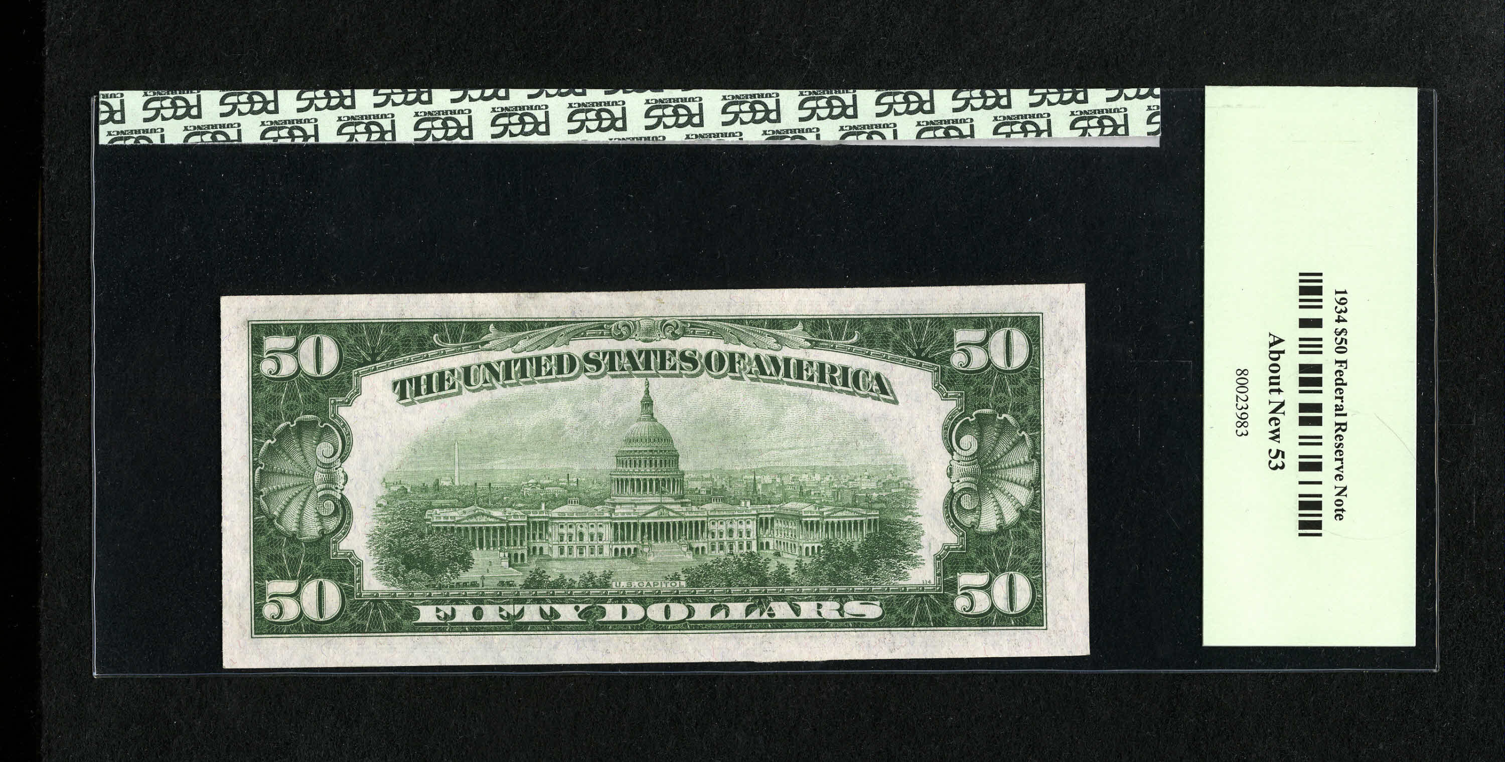 image for: Fr. 2102-L $50 1934 Federal Reserve Note. PCGS About New 53.A hint of a center fold is detected on this San Fran $50....