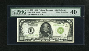 image for: Fr. 2210-H $1000 1928 Light Green Seal Federal Reserve Note. PMG Extremely Fine 40.Only five districts issued LGS 1928 $10...