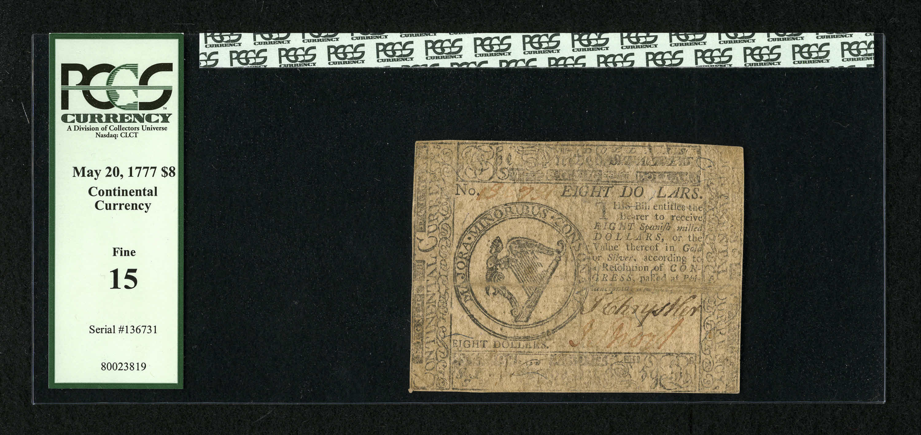 image for: Continental Currency May 20, 1777 $8 PCGS Fine 15. This is a pleasing example of quite a scarce note. Since 2001 we have onl...