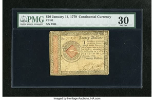 image for: Continental Currency January 14, 1779 $20 PMG Very Fine 30. A moderately circulated example of this final Continental emissi...