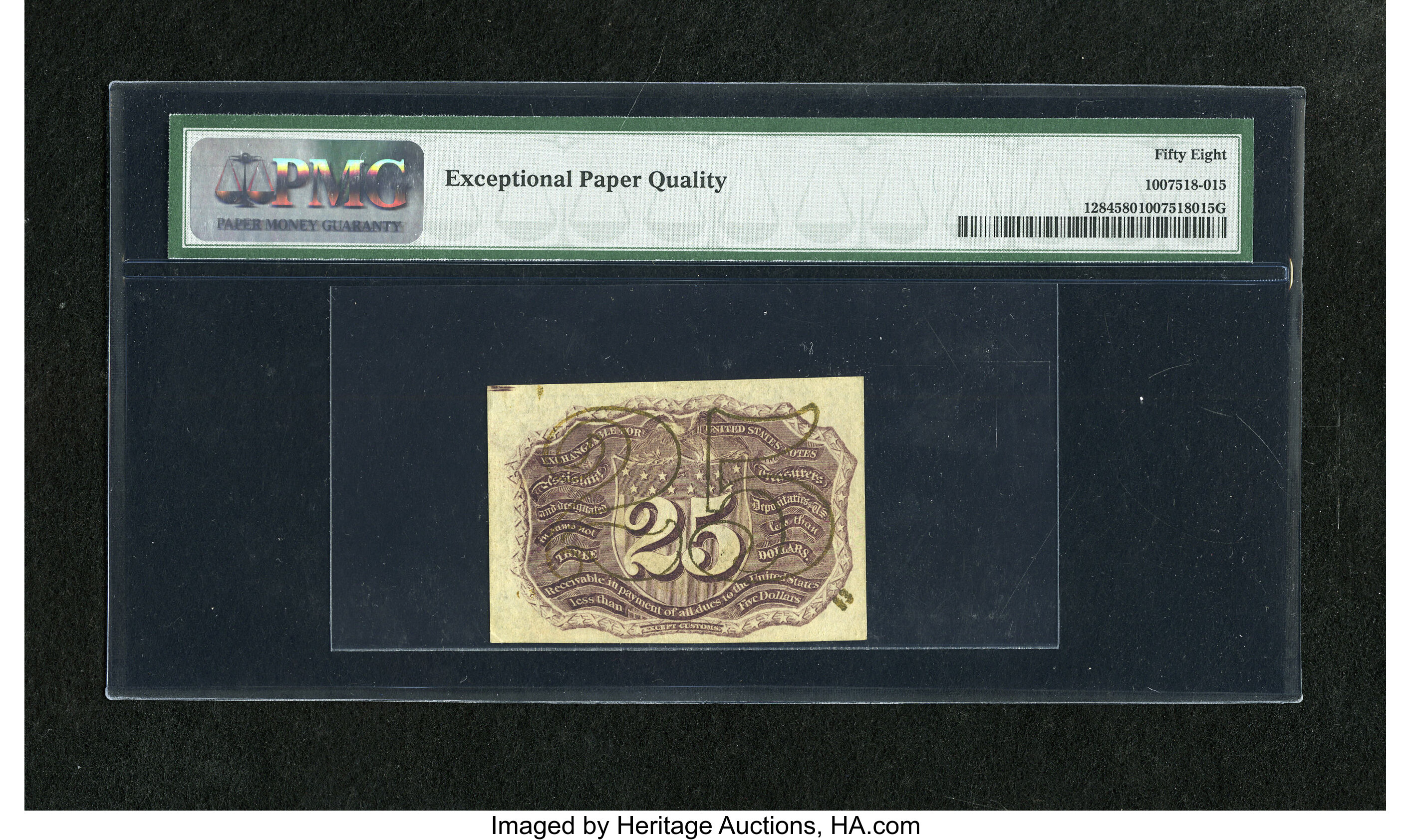 image for: Fr. 1284 25c Second Issue PMG Choice About Unc 58EPQ. "Missing 18 Surcharge" is noted on the holder of this seemingly Choice...