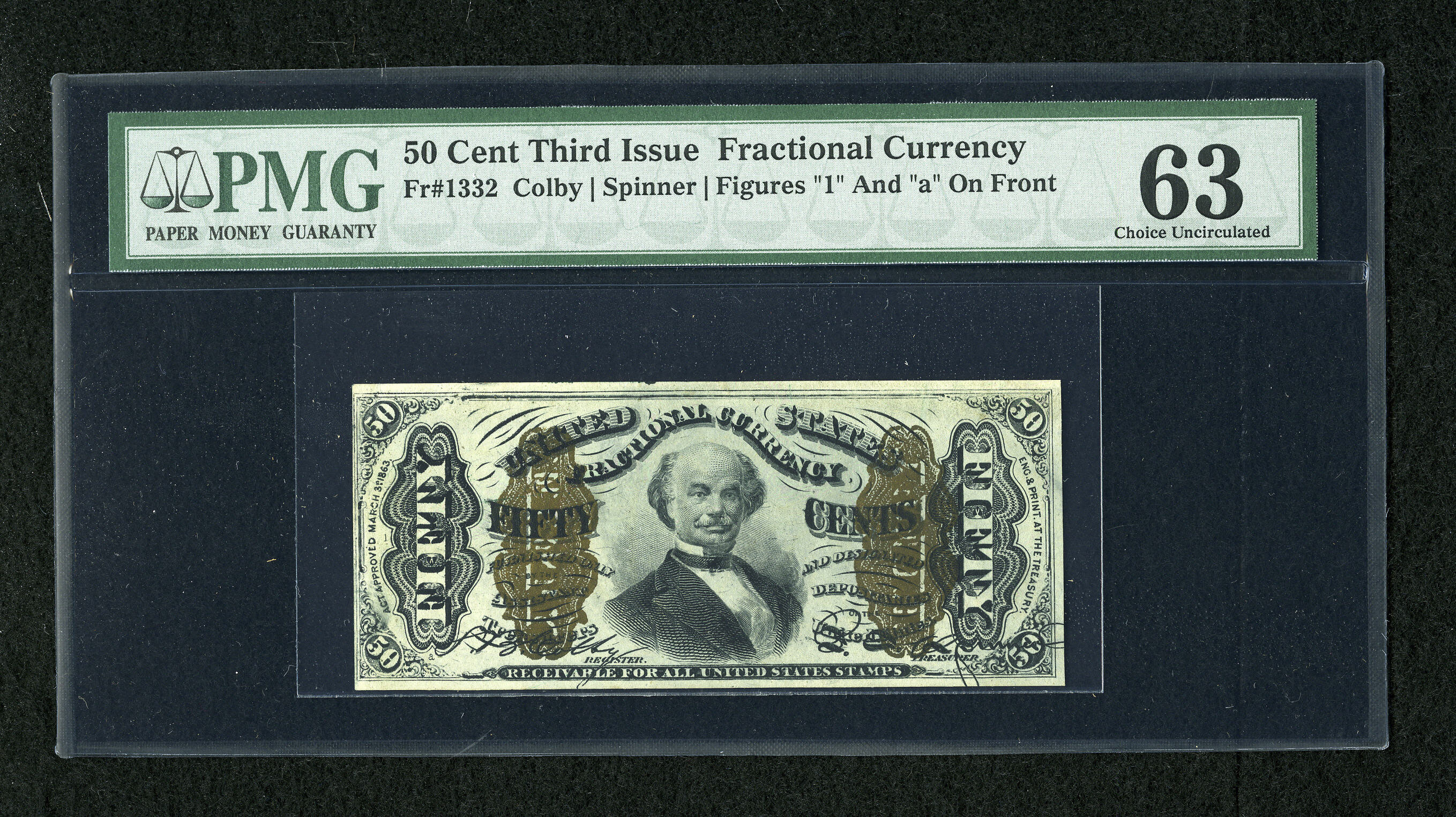 image for: Fr. 1334 50c Third Issue Spinner PMG Choice Uncirculated 63. Dark bronze and three wide margins define this Spinner....