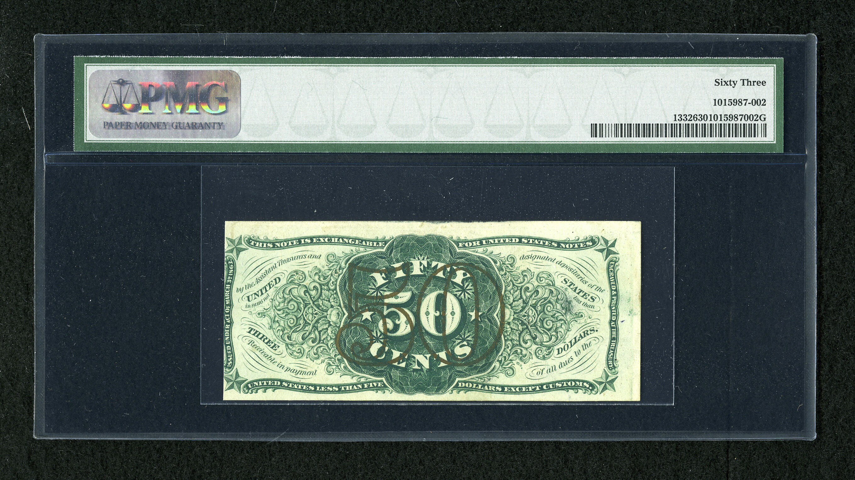 image for: Fr. 1334 50c Third Issue Spinner PMG Choice Uncirculated 63. Dark bronze and three wide margins define this Spinner....