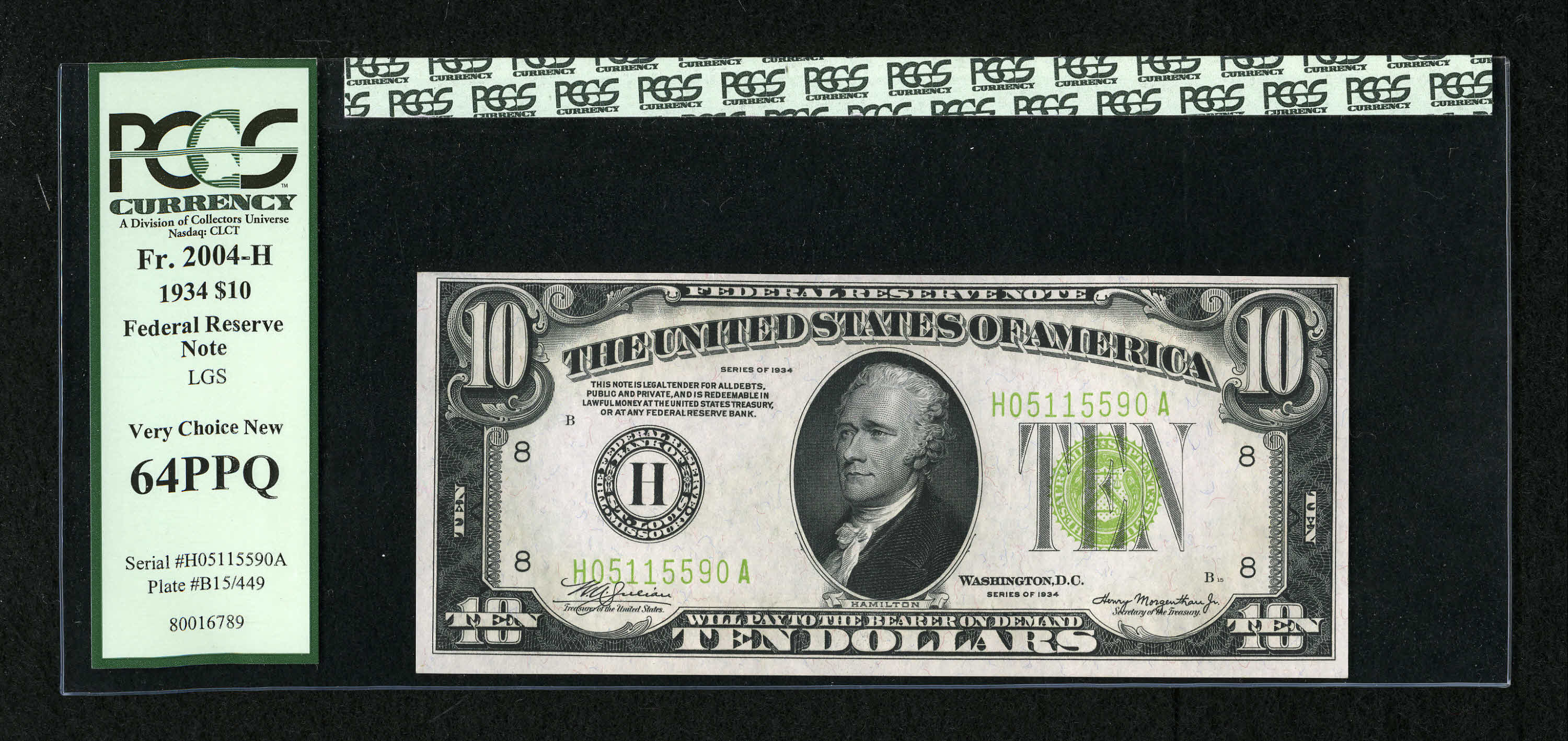 image for: Fr. 2004-H $10 1934 Light Green Seal Federal Reserve Note. PCGS Very Choice New 64PPQ.