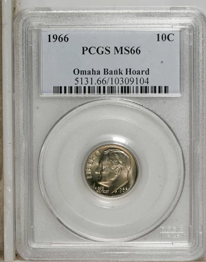 image for: 1966 10C MS66 PCGS. PCGS Population (147/59). NGC Census: (7/7). Mintage: 1,300,000,000. Numismedia Wsl. Price: $14. (#5131...