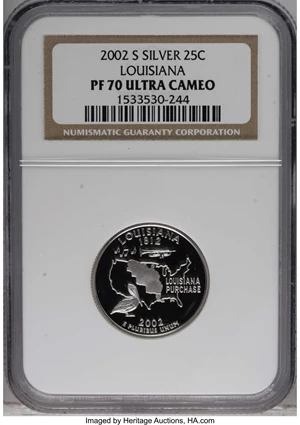 image for: 2002-S 25C Louisiana Silver PR70 Deep Cameo NGC. NGC Census: (0/0). PCGS Population (54/0). Numismedia Wsl. Price: $120. (...