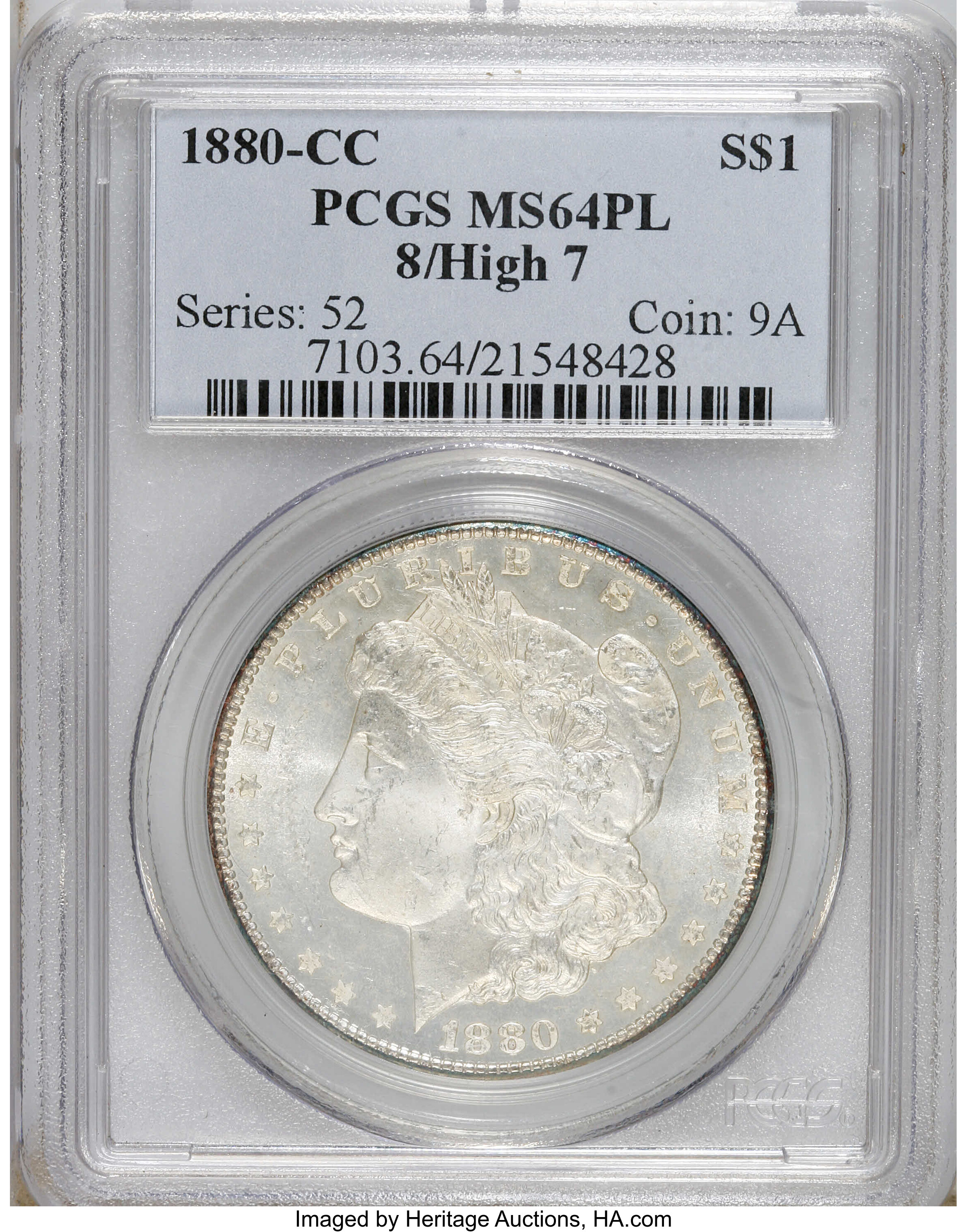 image for: 1880-CC $1 8 Over High 7 MS64 Prooflike PCGS. PCGS Population (29/7). NGC Census: (0/0).   (#7103)...