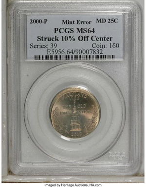 image for: 2000-P 25C Maryland Statehood Quarter--Struck 10% Off Center--MS64 PCGS....