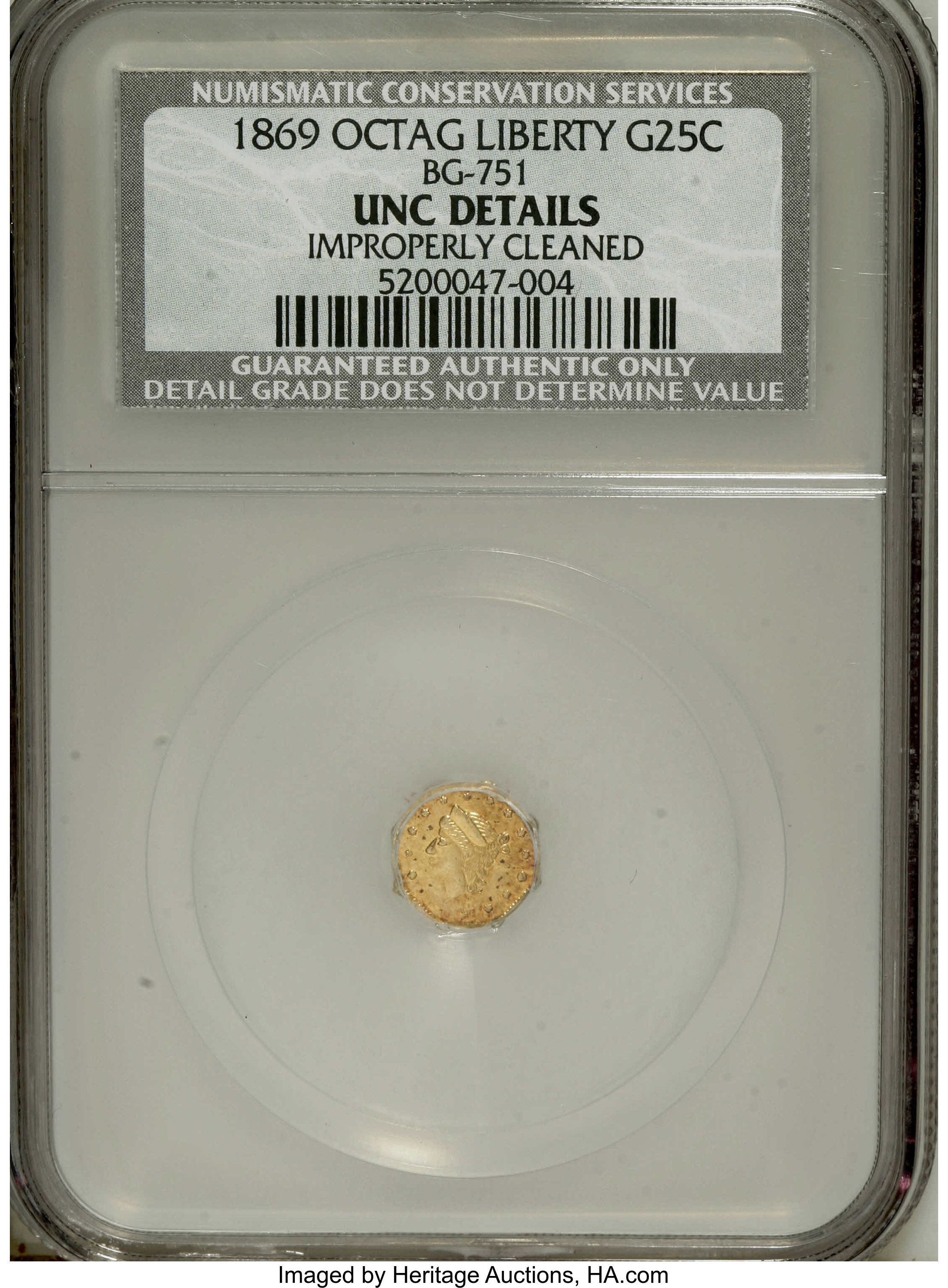 image for: 1869 25C Liberty Octagonal 25 Cents, BG-751, High R.4,--Improperly Cleaned--NCS. Unc Details. NGC Census: (0/4). PCGS Popul...
