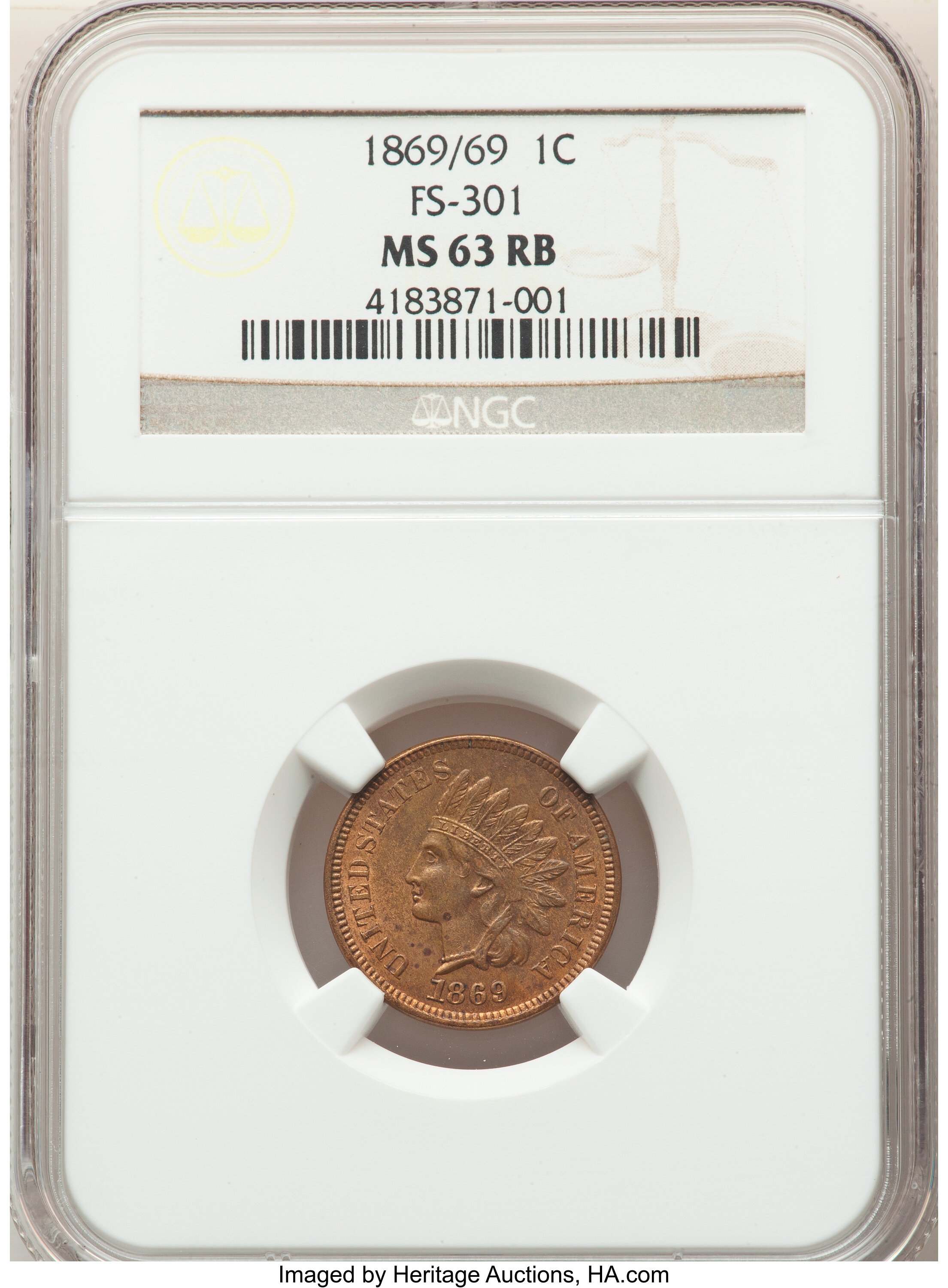 image for: 1869/69 1C Snow-3, FS-301, MS63 Red and Brown NGC. NGC Census: (13/67). PCGS Population: (15/61). CDN: $1,450 Whsle. Bid fo...