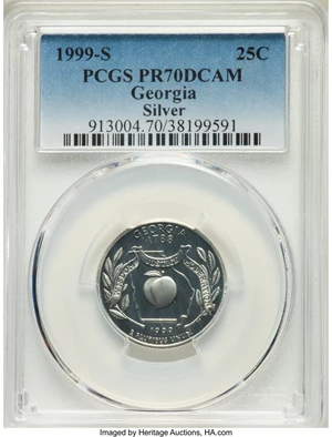 image for: 1999-S 25C Georgia, Silver, PR70 Deep Cameo PCGS. PCGS Population: (1203). NGC Census: (2335). CDN: $60 Whsle. Bid for NGC/...