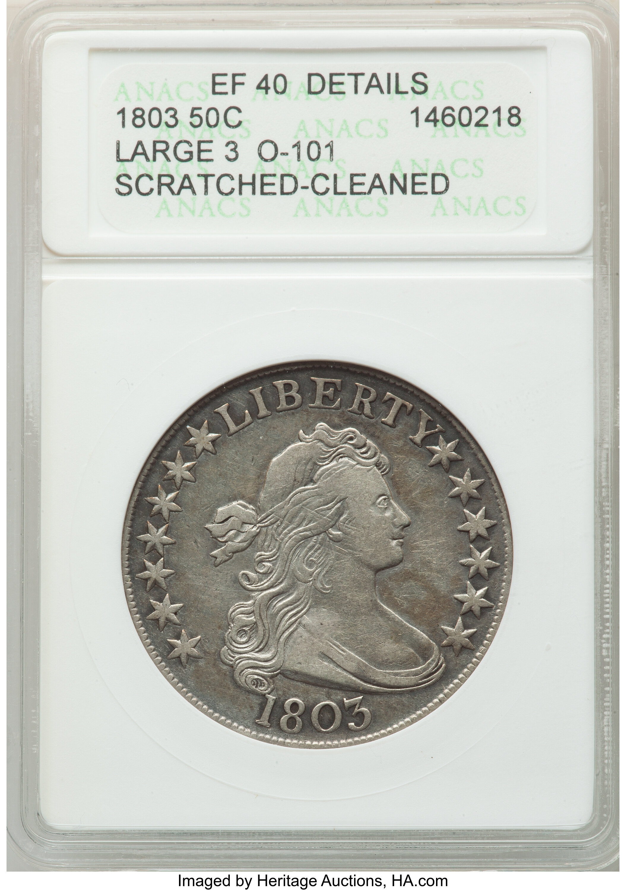 image for: 1803 50C Large 3, Large Reverse Stars, O-101, T-3, R.2, -- Cleaned, Scratched -- ANACS. XF40 Details....