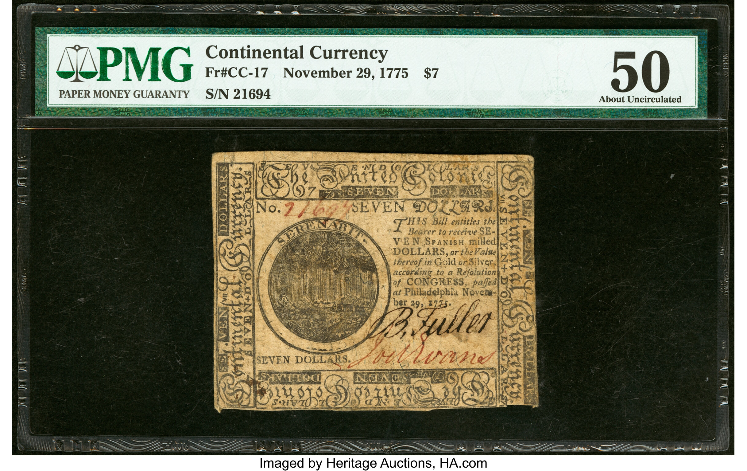 image for: Continental Currency November 29, 1775 $7 PMG About Uncirculated 50....
