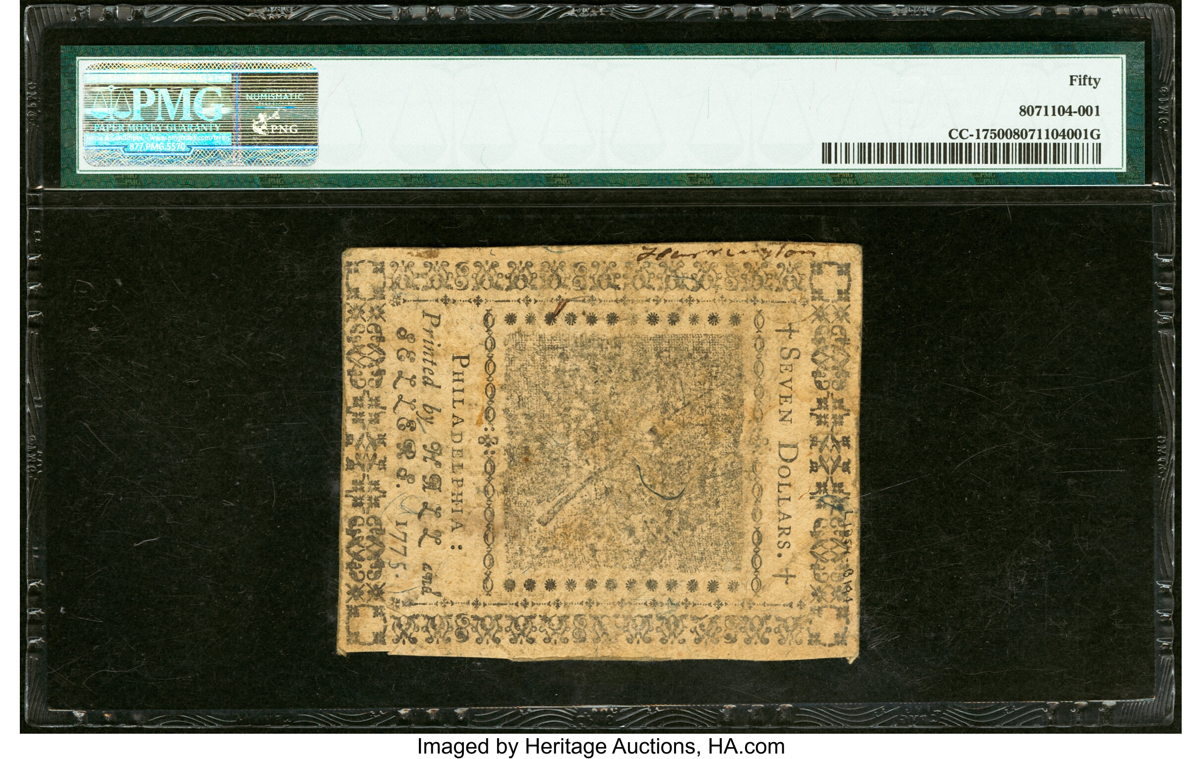 image for: Continental Currency November 29, 1775 $7 PMG About Uncirculated 50....