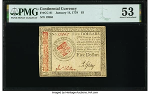 image for: Continental Currency January 14, 1779 $5 PMG About Uncirculated 53....