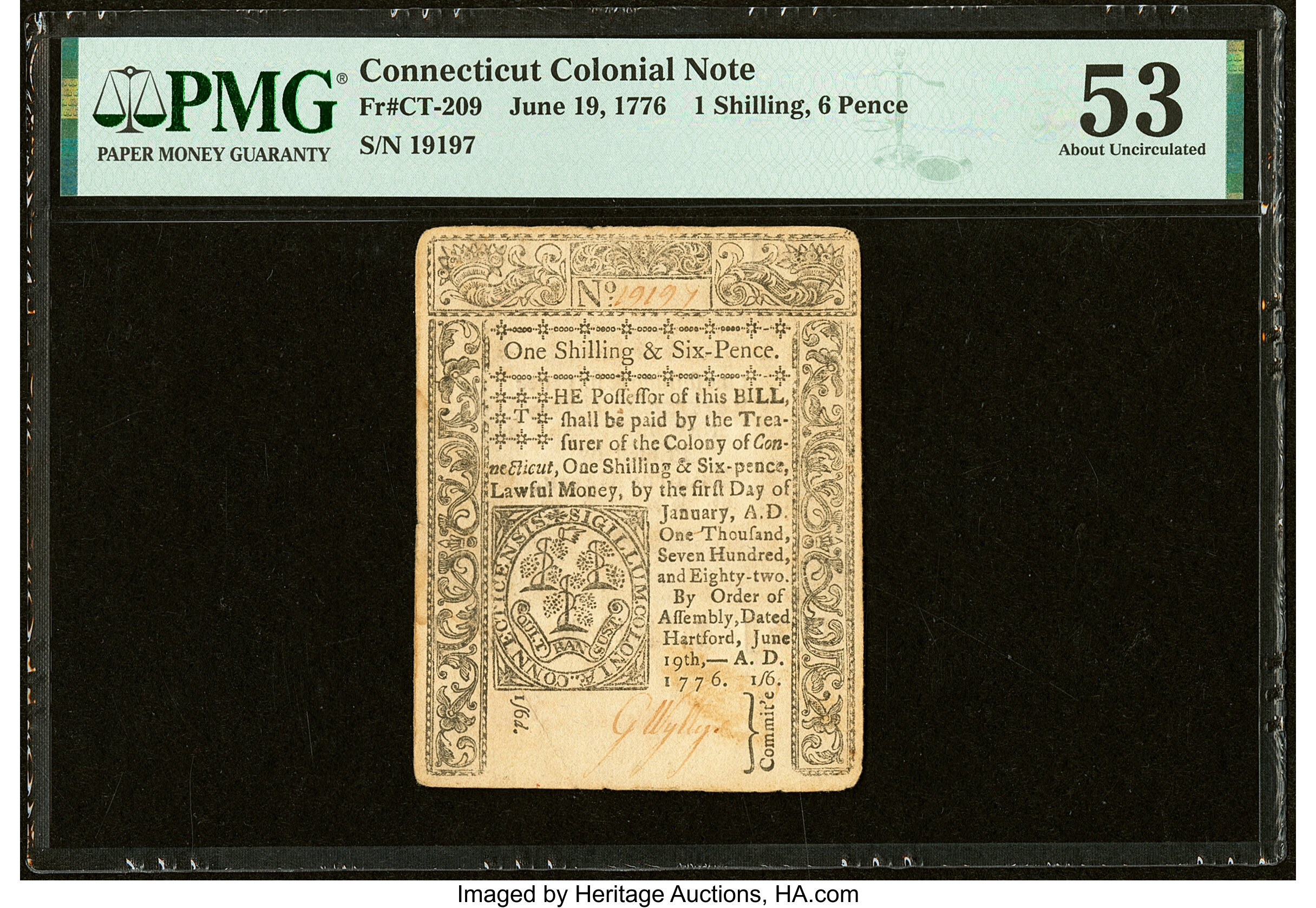 image for: Connecticut June 19, 1776 1s 6d PMG About Uncirculated 53....