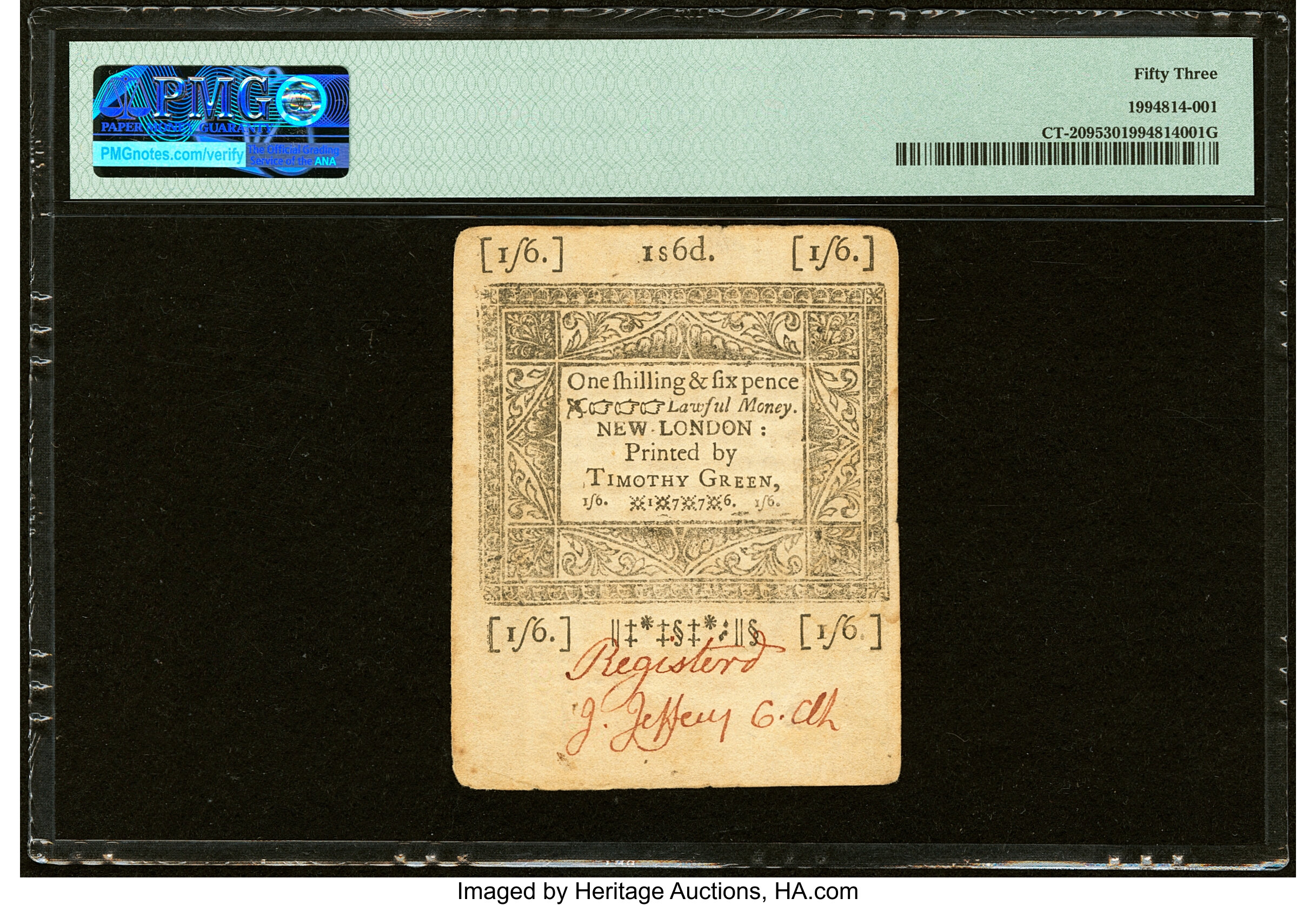 image for: Connecticut June 19, 1776 1s 6d PMG About Uncirculated 53....