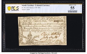 image for: South Carolina February 8, 1779 $70 PCGS Banknote Choice About Unc 55 Details....