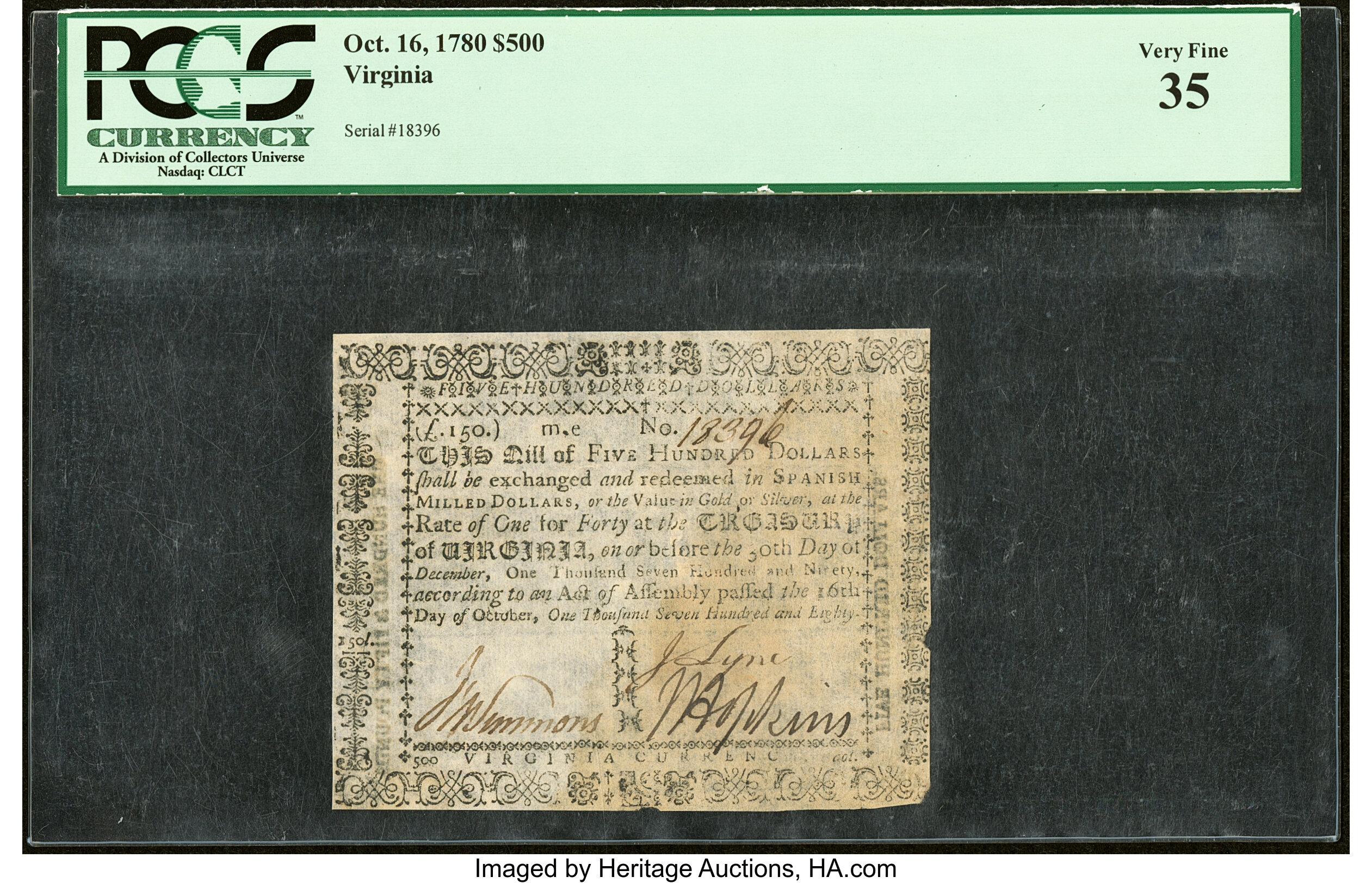 image for: Virginia October 16, 1780 $500 PCGS Very Fine 35....