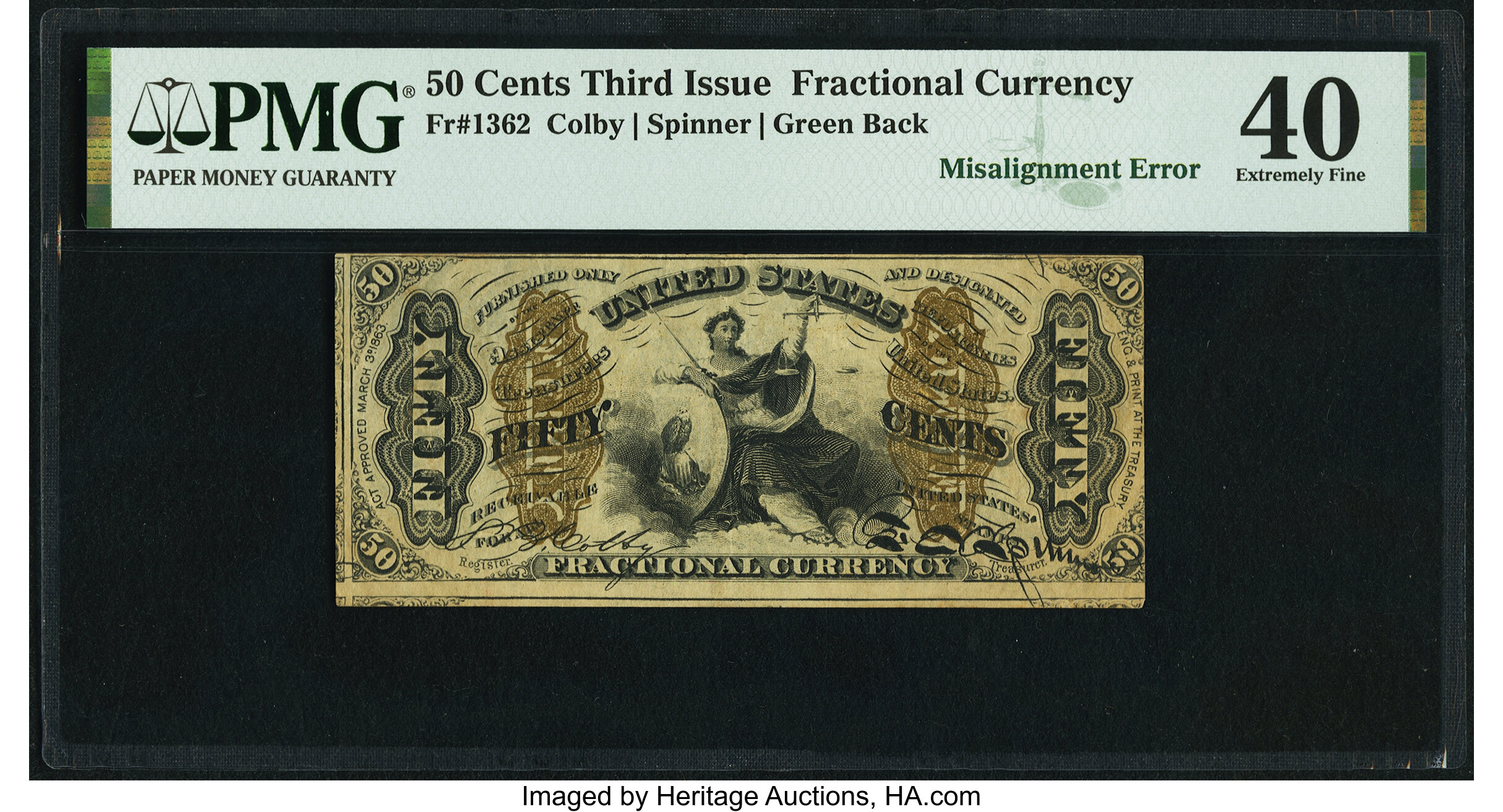 image for: Misaligned Face Printing Error Fr. 1362 50¢ Third Issue Justice PMG Extremely Fine 40....