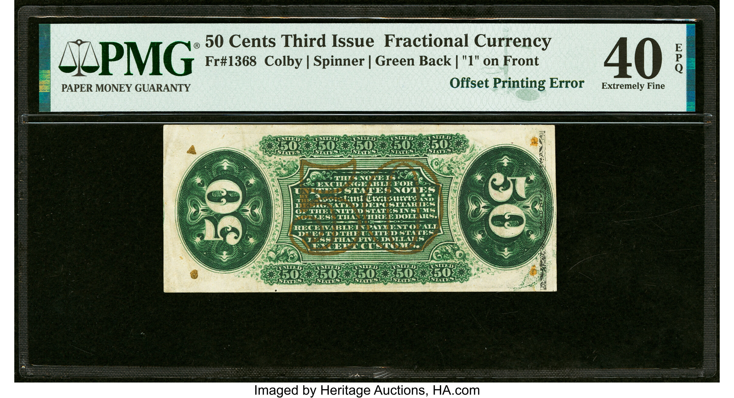 image for: Partial Face to Back Offset Error Fr. 1368 50¢ Third Issue Justice PMG Extremely Fine 40 EPQ....