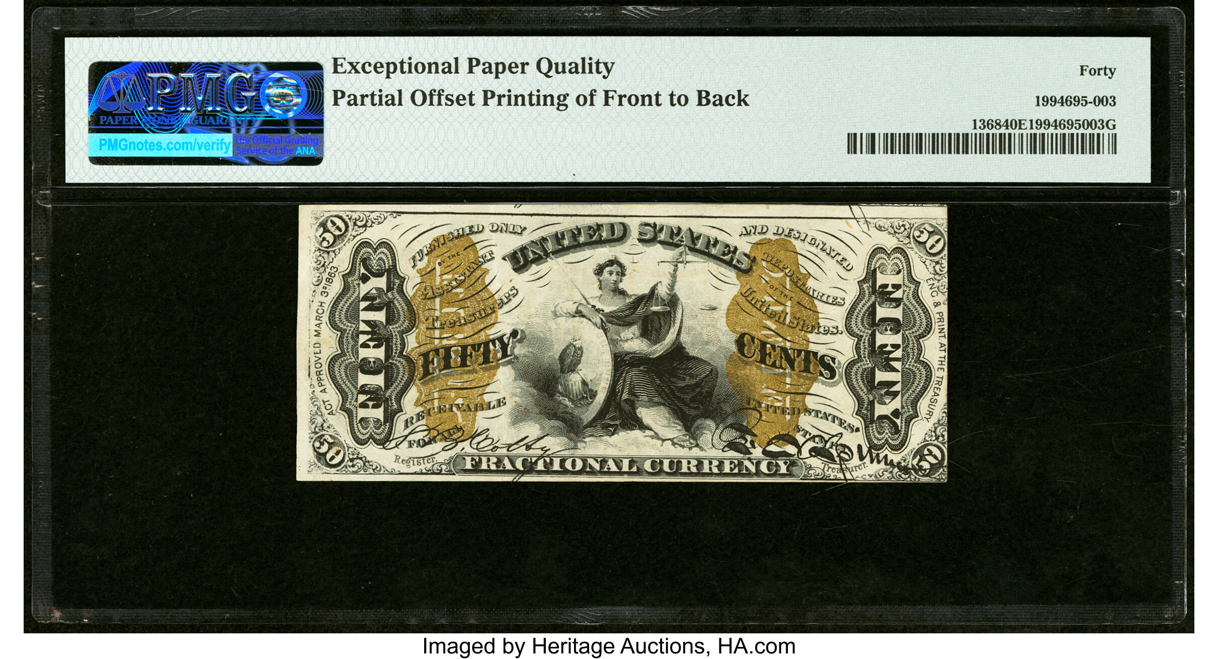 image for: Partial Face to Back Offset Error Fr. 1368 50¢ Third Issue Justice PMG Extremely Fine 40 EPQ....
