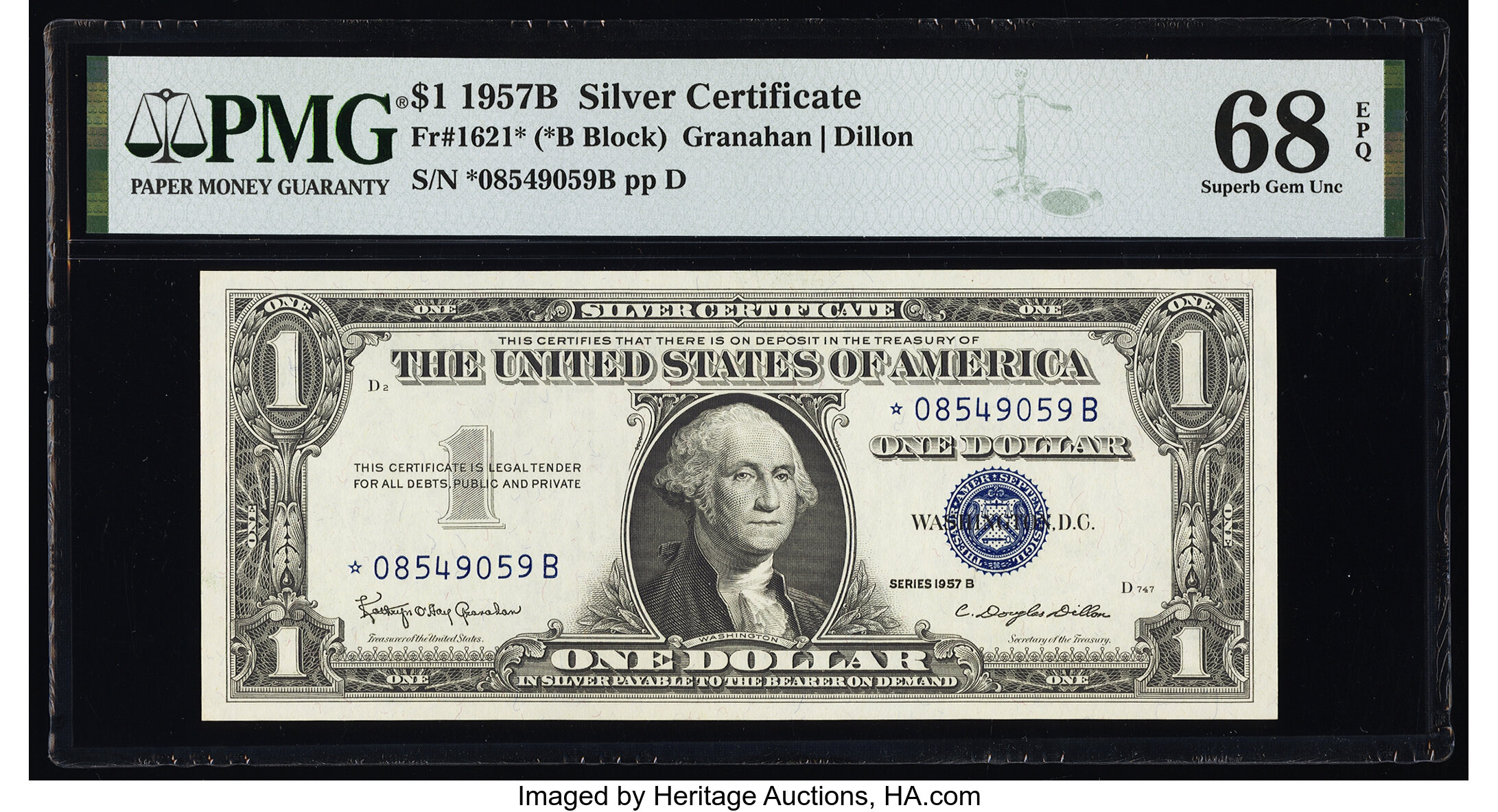image for: Fr. 1621* $1 1957B Silver Certificate Star. PMG Superb Gem Unc 68 EPQ....