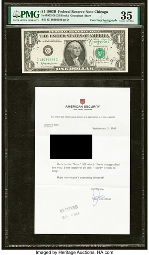 image for: Joseph W. Barr Courtesy Autograph Fr. 1902-G $1 1963B Federal Reserve Note. PMG Choice Very Fine 35....