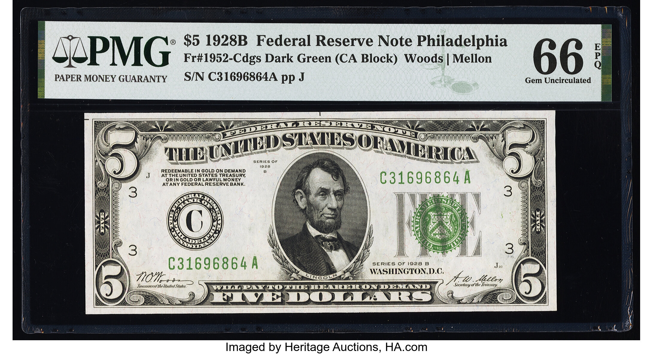 image for: Fr. 1952-C $5 1928B Federal Reserve Note. PMG Gem Uncirculated 66 EPQ....