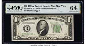 image for: Fr. 2006-B* $10 1934A Federal Reserve Star Note. PMG Choice Uncirculated 64....