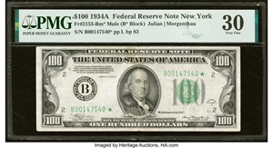 image for: Fr. 2153-B* $100 1934A Mule Federal Reserve Star Note. PMG Very Fine 30....